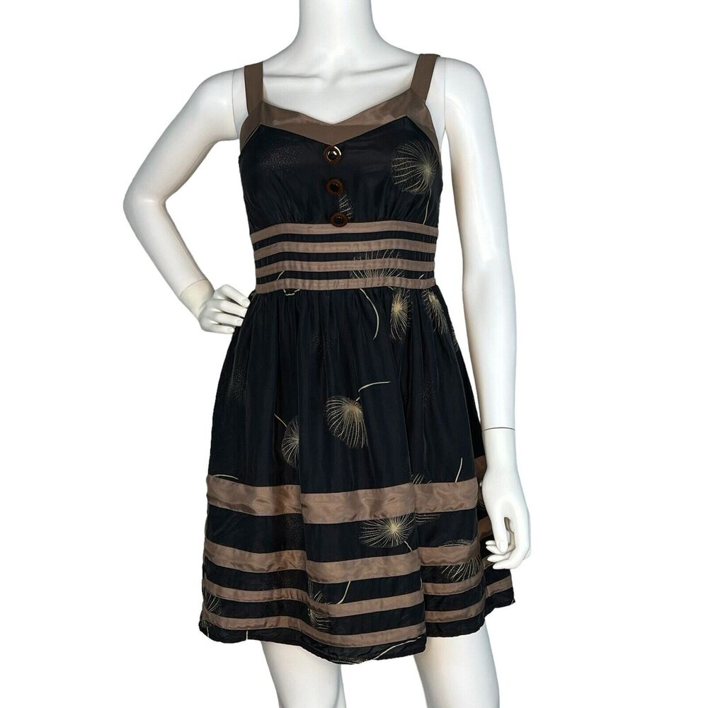 Anthropologie Burlapp Sz 2 Fit Flare 100% Silk Smocked Back Dress Black Beige